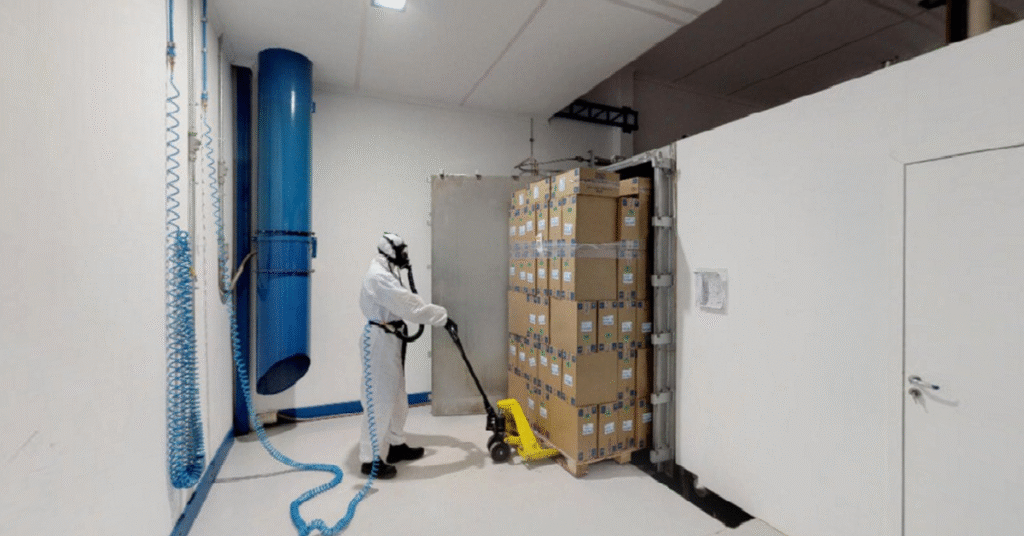 Ilustração do processo de esterilização por óxido de etileno, mostrando as etapas de pré-condicionamento, exposição ao gás e aeração final.